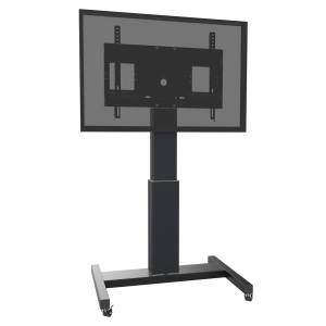 Elektrisch höhenverstellbarer mobiler Monitorständer & TV Rollwagen SCETABK Displays: 55“ - 100" VESA: max. 800 x 600 Hubweg: motorisch 50 cm Größe: B1053 x H1430 – 1930 x T720 mm Traglast. max. 136 kg Farbe: Säule in schwarz, Gestell in schwarz, Halterung in schwarz Integriertes Kabelmanagement Schnellschnappverschluss für einfache Displaymontage
