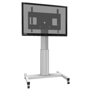 Elektrisch höhenverstellbarer mobiler Monitorständer & TV Rollwagen, inkl. Kollisionsschutz SCETAK Displays: 55“ - 100" VESA: max. 800 x 600 Hubweg: motorisch 50 cm Größe: B1053 x H1430 – 1930 x T720 mm Traglast. max. 136 kg Farbe: Säule in silber, Gestell in Weißaluminium, Halterung in schwarz Das robuste Rollgestell in H-Form ist auf den intensiven täglichen Gebrauch ausgelegt Integriertes Kabelmanagement Schnellschnappverschluss für einfache Displaymontage