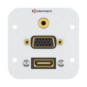 Kindermann Konnect 54 alu - Anschlussblende mit Kabelpeitsche, Vollblende HDMI, VGA, Audio Aluminium 7441000586 Kindermann Konnect 54 Alu - HDMI, VGA, Audio Vielseitige Anschlusslösung für Ihre Präsentationen Die perfekte Lösung für anspruchsvolle Präsentationen und flexible Büroinstallationen. Mit einer Vielzahl an Anschlüssen, einschließlich HDMI, VGA und Audio, bietet der Konnect 54 Alu eine optimale Verbindung für Ihre Geräte. Ob für Konferenzen, Meetings oder das Homeoffice, dieser hochwertige Aluminium-Connector sorgt für stabile und zuverlässige Verbindungen. Anschlussblende mit Kabelpeitsche HDMI, VGA, Audio Klinke 3,5 mm Stereo, Vollblende, Aluminium eloxiert Größe 54 x 54 mm Mit dem Kindermann Konnect 54 Alu optimieren Sie Ihre technischen Setups und gewährleisten eine reibungslose und professionelle Nutzung. Setzen Sie auf Qualität und Funktionalität für Ihre Präsentationen und mehr.