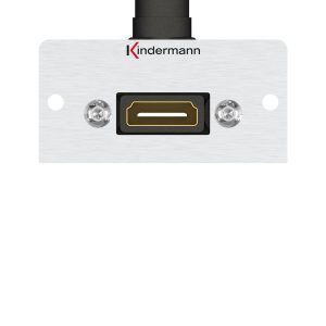 Kindermann Konnect 50 alu - HDMI 90° Abgang 7444000582 Das Kindermann Konnect 50 Alu HDMI-Anschlussmodul ist die ideale Wahl für eine erstklassige und zuverlässige HDMI-Signalübertragung. Mit seinem innovativen 90° abgewinkelten HDMI-Anschluss gewährleistet es eine platzsparende und ordentliche Kabelführung. Dies macht es besonders geeignet für Installationen in beengten Räumen oder Möbeln mit geringer Einbautiefe. Das elegante und robuste Design des Moduls fügt sich nahtlos in jede professionelle Umgebung ein und trägt zu einer aufgeräumten und effizienten Verkabelung bei. Anschlussblende mit Kabelpeitsche - Buchse HDMI - Highspeed mit Ethernet, 90° Abgang, Halblbende, Aluminium eloxiert Größe 50 x 50 mm Mindesteinbautiefe 32 mm Ob für Konferenzräume, Büros, Schulungsräume oder Medientechnik-Setups – Das Kindermann Anschlussmodul bietet eine leistungsstarke, platzsparende und ästhetische Lösung für moderne AV-Umgebungen.
