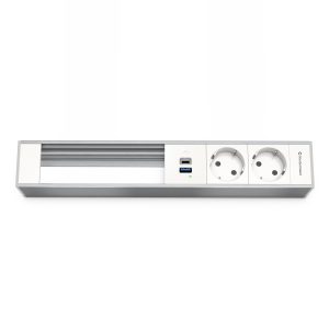 Kindermann Modulträger 6-fach, 2x Strom, Doppel-USB Charger und 3x Leer 7449000332 Der Kindermann Modulträger bietet eine flexible Lösung für kompakte Strom- und USB-Anschlüsse. Ideal für moderne Arbeitsumgebungen, Konferenzräume oder Home-Offices, wo eine saubere, organisierte Infrastruktur und praktische Anschlussmöglichkeiten gefragt sind. Modulträger: 2x Strom, USB Ports, 3x Leer Schutzkontakt-Steckdose, 45° gedreht, erhöhter Berührungsschutz, Farbe: Aluminium natur Für 6 Halbblenden oder 3 Vollblenden der Konnect flex 45 click Serie Netzanschluss via GST 18 Stecker Länge ca. 30 cm