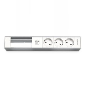 Kindermann Modulträger 6-fach, 3x Strom, 2x USB Ports und 2x Leer 7449000333 Der Kindermann Modulträger bietet eine effiziente und flexible Lösung für Ihre Anschlussbedürfnisse. Mit drei Stromanschlüssen und zwei USB-Ports vereint dieser Modulträger alle wichtigen Funktionen in einem einzigen, praktischen Gerät. Ideal für den Einsatz in modernen Arbeitsumgebungen, Konferenzräumen oder Home-Offices, wo eine leistungsstarke und vielseitige Anschlusslösung gefragt ist. Modulträger mit 3 x Strom, USB-Ladeadapter mit 2 USB Ports und integriertem Netzteil (5 V/1500 mA), 2 x leer Aluminium natur eloxiert Bietet Platz für 4 Halbblenden oder 2 Vollblenden der Konnect flex 45 click Serie Schutzkontakt-Steckdose, 45° gedreht, Erhöhter Berührungsschutz Bestückbar mit Modulblenden Netzanschluss via GST 18 Stecker Länge ca. 30 cm