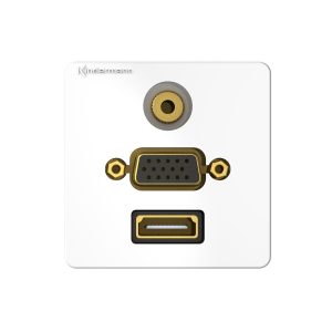 Kindermann Konnect Design click Anschlussblende HDMI, VGA, Audio 7456000586 Die Kindermann Anschlussblende bietet Ihnen eine elegante und funktionale Möglichkeit, Ihre Multimedia-Anschlüsse professionell zu integrieren. Diese hochwertige Blende kombiniert HDMI, VGA und Audioanschlüsse in einem modernen Design und sorgt so für eine optimale Verbindungslösung. Ideal für Konferenzräume, Heimkinos und professionellen Audio-/Video-Installationen. Langlebigkeit und Qualität Robustes Gehäuse für eine langanhaltende und stabile Leistung Vollblende mit Kabelpeitsche Größe 50x50, 54x54 & 55x55mm Mindesteinbautiefe 52 mm kurz Buchse/Buchse