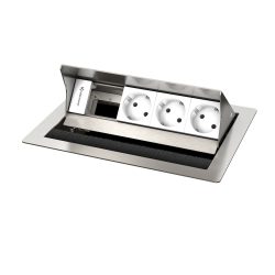 Kindermann CablePort standard² 4-fach Tischeinbaugehäuse Edelstahl, 3x Strom 7492000053 Optimieren Sie Ihren Arbeitsplatz mit dem Kindermann CablePort standard² Tischeinbaugehäuse! Dieses stilvolle 4-fach-Gehäuse bietet die perfekte Kombination aus Funktionalität und modernem Design und ist ideal für jedes Büro oder Home-Office. 4-fach Anschlussmöglichkeiten: Schließen Sie mehrere Geräte gleichzeitig an und steigern Sie Ihre Effizienz in der täglichen Arbeit. 3 x Stromanschlüsse: Sorgen Sie für eine zuverlässige Energieversorgung Ihrer Laptops, Monitore und weiteren Geräte – ganz ohne Kabelsalat. Hochwertiges Edelstahl-Design: Sorgt nicht nur für eine ansprechende Optik, sondern garantiert auch Langlebigkeit und Robustheit. Einfache Montage: Dank der benutzerfreundlichen Installation lässt sich das Gehäuse schnell und unkompliziert in jeden Tisch integrieren. Tischeinbaugehäuse, Leermodul mit 3 x Strom (Schuko), Edelstahl gebürstet Individuell bestückbar mit Konnect flex 45 click Blenden (7464000xxx) Schnelle Blenden-Montage mit Schnappmechanik Kompatibel zu Neets Mediensteuerung, USB-Ladeadaptern, EnOcean Vereinfachter Tischeinbau durch Montage von oben Flächenbündiger Einbau möglich Einbautiefe 65 mm Für Tischplatten bis 40 mm Stärke Netzanschluss mit 3-poligem GST 18 Stecker Ideal für moderne Büros, Besprechungsräume und kreative Arbeitsumgebungen. Minimieren Sie Unordnung und maximieren Sie Ihre Produktivität mit diesem funktionalen Tischeinbaugehäuse.