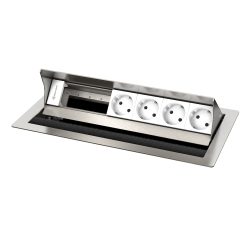 Kindermann CablePort standard² 6-fach Tischeinbaugehäuse Edelstahl, 4x Strom 7492000064 Steigern Sie die Funktionalität Ihres Arbeitsplatzes mit dem Kindermann CablePort standard² Tischeinbaugehäuse! Dieses hochwertige 6-fach-Gehäuse ist die ideale Lösung für moderne Büros und Konferenzräume, indem es Stil und Effizienz vereint. 6-fach Anschlussmöglichkeiten: Schließen Sie mehrere Geräte gleichzeitig an und optimieren Sie Ihre Arbeitsabläufe mühelos. 4 x Stromanschlüsse: Genügend Leistung für Laptops, Monitore und andere Geräte, damit Sie stets produktiv arbeiten können – ganz ohne Kabelchaos. Hochwertiges Edelstahl sorgt für ein modernes und professionelles Ambiente, das zu jedem Einrichtungskonzept passt. Das Gehäuse lässt sich schnell und unkompliziert in jeden Tisch integrieren, sodass Sie im Handumdrehen einsatzbereit sind. Tischeinbaugehäuse, Leermodul mit 4 x Strom (Schuko) Edelstahl gebürstet Individuell bestückbar mit Konnect flex 45 click Blenden (7464000xxx) Schnelle Blenden-Montage mit Schnappmechanik Kompatibel zu Neets Mediensteuerung, USB-Ladeadaptern, EnOcean Vereinfachter Tischeinbau durch Montage von oben Flächenbündiger Einbau möglich Einbautiefe 65 mm Für Tischplatten bis 40 mm Stärke Netzanschluss mit 3-poligem GST 18 Stecker Perfekt für Büros, Besprechungsräume und kreative Arbeitsplätze. Reduzieren Sie Unordnung und maximieren Sie Ihre Effizienz mit diesem funktionalen Tischeinbaugehäuse.