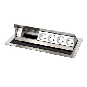 Kindermann CablePort standard² 6-fach Tischeinbaugehäuse Edelstahl, 4x Strom 7492000064 Steigern Sie die Funktionalität Ihres Arbeitsplatzes mit dem Kindermann CablePort standard² Tischeinbaugehäuse! Dieses hochwertige 6-fach-Gehäuse ist die ideale Lösung für moderne Büros und Konferenzräume, indem es Stil und Effizienz vereint. 6-fach Anschlussmöglichkeiten: Schließen Sie mehrere Geräte gleichzeitig an und optimieren Sie Ihre Arbeitsabläufe mühelos. 4 x Stromanschlüsse: Genügend Leistung für Laptops, Monitore und andere Geräte, damit Sie stets produktiv arbeiten können – ganz ohne Kabelchaos. Hochwertiges Edelstahl sorgt für ein modernes und professionelles Ambiente, das zu jedem Einrichtungskonzept passt. Das Gehäuse lässt sich schnell und unkompliziert in jeden Tisch integrieren, sodass Sie im Handumdrehen einsatzbereit sind. Tischeinbaugehäuse, Leermodul mit 4 x Strom (Schuko) Edelstahl gebürstet Individuell bestückbar mit Konnect flex 45 click Blenden (7464000xxx) Schnelle Blenden-Montage mit Schnappmechanik Kompatibel zu Neets Mediensteuerung, USB-Ladeadaptern, EnOcean Vereinfachter Tischeinbau durch Montage von oben Flächenbündiger Einbau möglich Einbautiefe 65 mm Für Tischplatten bis 40 mm Stärke Netzanschluss mit 3-poligem GST 18 Stecker Perfekt für Büros, Besprechungsräume und kreative Arbeitsplätze. Reduzieren Sie Unordnung und maximieren Sie Ihre Effizienz mit diesem funktionalen Tischeinbaugehäuse.