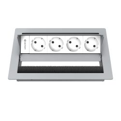Kindermann CablePort standard² 4-fach Tischeinbaugehäuse, 4x Strom 7492000074 Kompakte & elegante Anschlusslösung für moderne Arbeitswelten! Das Kindermann Tischeinbaugehäuse ist die ideale Wahl für Konferenzräume, Büros und Schulungsräume. Mit seinem hochwertigen Design und modularen Aufbau ermöglicht es eine individuelle Bestückung mit Strom-, Netzwerk-, USB- und AV-Anschlüssen. 4 x Strom (Schuko) Einbautiefe 65 mm Ausschnitt 227 x 170 mm Außenmaß 250 x 190 mm Material: Pulverbeschichtet RAL 9006 Für Tischplatten bis 40 mm Stärke Netzanschluss mit 3-poligem GST 18 Stecker