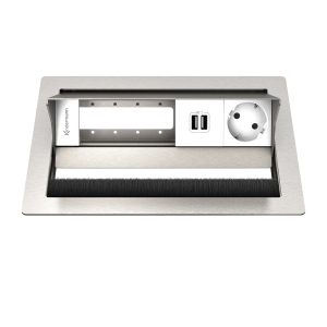 Kindermann CablePort standard² Tischeinbaugehäuse 4-fach, 1x Strom 2x USB  7492000151 Clevere Anschlusslösung für professionelle Arbeitsumgebungen! Das Kindermann Tischeinbaugehäuse integriert platzsparend und elegant Strom-, Netzwerk-, USB- und AV-Anschlüsse in Tische oder Medieneinheiten. 4-fach bestückbar – flexible Konfiguration mit Strom-, Daten- & Multimedia-Anschlüssen. Platzsparendes Tischeinbaugehäuse – dezente Integration in Möbel für ein aufgeräumtes Umfeld. Hochwertige Verarbeitung – robustes Design für den professionellen Dauereinsatz. Leergehäuse mit 1 x Strom (Schuko) 2x USB Einbautiefe 65 mm Für Tischplatten von 12-48 mm Stärke Netzanschluss mit 3-poligem GST 18 Stecker Material: Edelstahl gebürstet Individuell bestückbar mit Konnect flex 45 click Blenden