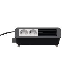 Kindermann CablePort Office desk Tischanschlussfeld 4-fach, 2 x Strom, 2 x Leerfelder, Schiefergrau 7550000202 Das Kindermann CablePort Office Desk 4-fach ist die ideale Tischanschlusslösung für Büros, Konferenzräume und Home-Offices. Mit 2 x Stromanschlüssen und 2 frei bestückbaren Leerfeldern ermöglicht es eine individuelle Konfiguration für Strom-, Daten- oder Multimediaverbindungen. Dank seines modernen, platzsparenden Designs fügt sich das Anschlussfeld nahtlos in jede Arbeitsumgebung ein und sorgt für eine aufgeräumte und effiziente Strom- und Datenversorgung. Hochwertige Verarbeitung – robuste Materialien für den professionellen Einsatz. Netzzuleitung mit GST18 Stecker, ca. 1 m lang. Tischklemme geeignet für Plattenstärken von 21-40 mm. Profilfarbe ähnlich schiefergrau, RAL7015, Steckdosen weiß, RAL9003. 4-fach Kunststoffgehäuse bestückt mit 2 Schuko Steckdosen. Flexible Konfiguration mit Netzwerk, USB, Video und Audio Schnittstellen aus dem Konnect flex 45 click Modulprogramm Schnelle Blenden-Montage mittels Schnappmechanik Außenmaß: 220 x 67 x 77 cm
