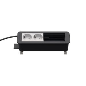 Kindermann CablePort Office desk Tischanschlussfeld 4-fach, 2 x Strom, 2 x Leerfelder, Schiefergrau 7550000202 Das Kindermann CablePort Office Desk 4-fach ist die ideale Tischanschlusslösung für Büros, Konferenzräume und Home-Offices. Mit 2 x Stromanschlüssen und 2 frei bestückbaren Leerfeldern ermöglicht es eine individuelle Konfiguration für Strom-, Daten- oder Multimediaverbindungen. Dank seines modernen, platzsparenden Designs fügt sich das Anschlussfeld nahtlos in jede Arbeitsumgebung ein und sorgt für eine aufgeräumte und effiziente Strom- und Datenversorgung. Hochwertige Verarbeitung – robuste Materialien für den professionellen Einsatz. Netzzuleitung mit GST18 Stecker, ca. 1 m lang. Tischklemme geeignet für Plattenstärken von 21-40 mm. Profilfarbe ähnlich schiefergrau, RAL7015, Steckdosen weiß, RAL9003. 4-fach Kunststoffgehäuse bestückt mit 2 Schuko Steckdosen. Flexible Konfiguration mit Netzwerk, USB, Video und Audio Schnittstellen aus dem Konnect flex 45 click Modulprogramm Schnelle Blenden-Montage mittels Schnappmechanik Außenmaß: 220 x 67 x 77 cm