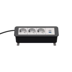 Kindermann CablePort Office desk Tischanschlussfeld 4-fach 3 x Strom, 1 x USB A/C schiefergrau 7550000223 Das Kindermann CablePort Office Desk 4-fach vereint leistungsstarke Strom- und Ladefunktionen mit einem modernen, schiefergrauen Design. Mit 3 x Stromanschlüssen und 1 x USB A/C-Port bietet es eine flexible und effiziente Energieversorgung für Laptops, Monitore, Smartphones und andere Geräte. Ideal für Büros, Konferenzräume und Home-Office-Setups, sorgt dieses Tischanschlussfeld für Ordnung, Komfort und eine aufgeräumte Arbeitsumgebung. 4-fach Kunststoffgehäuse bestückt mit 3 Schuko Steckdosen und einem Doppel- USB-Charger mit integriertem Netzteil, je 1 USB-A und 1 USB-C Anschluss mit bis zu 21 Watt Gesamtleistung. Netzzuleitung mit GST18 Stecker, ca. 1 m lang. Tischklemme geeignet für Plattenstärken von 21-40 mm. Profilfarbe: ähnlich schiefergrau, RAL7015, Steckdosen weiß, RAL9003. Ladeprofil USB-A / USB-C: 5V / 2,1 A (max.) Ladeprofil kombiniert A + C: 2x 5V / 2,1 A (max.) Außenmaß: 220 x 67 x 77 mm Perfekte Strom- & Ladeeinheit für effiziente Workspaces Ob im Büro, Besprechungsraum oder Home-Office – das Kindermann CablePort Office Desk Tischanschlussfeld bietet eine moderne, leistungsstarke und stilvolle Lösung für eine optimale Stromversorgung.