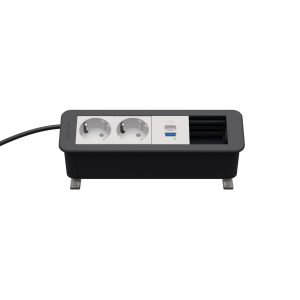 Kindermann CablePort Office Desk – 4-fach Steckdosenleiste 2x Strom, 1x USB PD, 1x Leerfeld 7550000232 Die Steckdoseneinheit bietet Ihnen eine flexible und leistungsstarke Lösung für Ihre Stromversorgung. Der perfekte Begleiter für Ihr Büro oder Homeoffice. 2x Stromanschlüsse, 1x USB PD Port, 1x Leerfeld Das Leerfeld kann mit 2 Halbblenden oder 1 Vollblende aus der Konnect flex 45 click Reihe (Zubehör) bestückt werden. Netzzuleitung mit GST18 Stecker, ca. 1 m lang USB-A unterstützt QuickCharge 3.0 USB-C unterstützt PowerDelivery 3.0 Ladeprofile USB-A: 5V/3A, 9V/3A, 12V/2,5A, 20V/1,5A Ladeprofile USB-C: 5V/3A, 9V/3A, 12V/2,5A, 15V/2A, 20V/1,5A Ladeprofil kombiniert A + C: 2x 5V/1,2 A Farbe: ähnlich schiefergrau RAL7015, Steckdosen weiß RAL9003 Außenmaß: 220 x 67 x 77 cm Nutzen Sie den Kindermann CablePort, um Ihrem Arbeitsplatz mehr Ordnung und Flexibilität zu verleihen. Ideal für moderne Büros und Homeoffice-Arbeitsplätze, bietet diese Steckdosenleiste eine intelligente Lösung für Ihre Stromversorgung und Ladeanforderungen.
