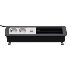 Kindermann CablePort Office Frame Steckdoseneinheit 6-fach – Optimales Kabelmanagement für Ihr Büro 7550000332 Diese Steckdoseneinheit bietet Ihnen eine flexible Lösung für kompakte Strom- und USB-Anschlüsse. Es bietet Ihnen mehrere Geräte gleichzeitig mit Strom zu versorgen und auch zusätzliche Module nach Wunsch zu integrieren. 2x Strom, 1x USBPD und 3x Leerfelder Farbe: ähnlich schiefergrau RAL7015, Steckdosen weiß RAL9003 USB-A unterstützt QuickCharge 3.0 USB-C unterstützt PowerDelivery 3.0 Ladeprofile USB-A: 5V/3A, 9V/3A, 12V/2,5A, 20V/1,5A Ladeprofile USB-C: 5V/3A, 9V/3A, 12V/2,5A, 15V/2A, 20V/1,5A Ladeprofil kombiniert A + C: 2x 5V/1,2 A Außenmaß: 310 x 67 x 77 mm
