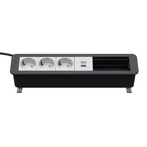 Kindermann CablePort Office Desk 6-fach Tischanschlussfeld – Die flexible Kabelmanagement-Lösung für Ihr Büro 7550000333 Bringen Sie Ordnung und Effizienz in Ihr Büro mit dem Kindermann Tischanschlussfeld. Es bietet drei Stromanschlüsse, einen USB Power Delivery-Anschluss (USB PD) für schnelles Laden und zwei Leerfelder. Einfache Integration in Schreibtische, Konferenztische und andere Möbel. Modernes, funktionales Design für eine aufgeräumte und professionelle Büroumgebung. Langlebig und robust – für den täglichen Einsatz in Büro und Konferenzräumen. 3 x Stromanschluss 1 x USB Power Delivery (USB PD) 2 x Leerfeld USB-A unterstützt QuickCharge 3.0 USB-C unterstützt PowerDelivery 3.0 Ladeprofile USB-A: 5V/3A, 9V/3A, 12V/2,5A, 20V/1,5A Ladeprofile USB-C: 5V/3A, 9V/3A, 12V/2,5A, 15V/2A, 20V/1,5A Ladeprofil kombiniert A + C: 2x 5V/1,2 A Farbe: ähnlich schiefergrau RAL7015, Steckdosen weiß RAL9003 Maße: 310 x 67 x 77 cm