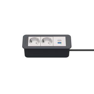 Kindermann CablePort Office Frame Steckdoseneinheit 3-fach – Effizientes Kabelmanagement für moderne Büros 7551000132 Diese durchdachte Kabelmanagement-Lösung bietet zwei Stromanschlüsse und einen USB Power-Delivery Anschluss für schnelles Laden Ihrer Geräte. Es ermöglicht eine saubere Integration von Stromversorgung und USB-Ladung direkt in Ihre Möbel, sodass Kabel unsichtbar und sicher verstaut sind. 2x Strom und 1x USBPD Farbe: Schiefergrau RAL7015, Steckdosen weiß RAL9003 Einbautiefe 64 mm Ladeprofil USB-A / USB-C: 5V / 2,1 A Außenmaß 175 x 67 x 60 mm USB-A unterstützt QuickCharge 3.0 USB-C unterstützt PowerDelivery 3.0 Ladeprofile USB-A: 5V/3A, 9V/3A, 12V/2,5A, 20V/1,5A Ladeprofile USB-C: 5V/3A, 9V/3A, 12V/2,5A, 15V/2A, 20V/1,5A Ladeprofil kombiniert A + C: 2x 5V/1,2 A