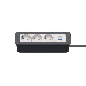 Kindermann CablePort Office frame Steckdoseneinheit 4-fach schiefergrau, 3 x Strom 1 x USBPD 7551000233 Die Kindermann Steckdoseneinheit vereint leistungsstarke Energieversorgung und modernes Design in einem kompakten Modul. Mit drei Stromanschlüssen und einem USB-PD-Anschluss ermöglicht sie gleichzeitig das Betreiben und Schnellladen verschiedener Geräte. Das schiefergraue Design passt nahtlos in jede Umgebung und sorgt für eine professionelle Optik Design-Anschlussfeld zum Einlassen in Tischplatten, Schränke (Plattenstärken 10-50 mm) Netzzuleitung mit GST18 Stecker, ca. 1 m lang. Profilfarbe: ähnlich schiefergrau, RAL7015, Steckdosen weiß, RAL9003. Einbautiefe  64 mm abzgl. 0 - 40 mm (abhängig von der Tischplatte) USB-A unterstützt QuickCharge 3.0 USB-C unterstützt PowerDelivery 3.0 Ladeprofile USB-A: 5V/3A, 9V/3A, 12V/2,5A, 20V/1,5A Ladeprofile USB-C: 5V/3A, 9V/3A, 12V/2,5A, 15V/2A, 20V/1,5A Ladeprofil kombiniert A + C: 2x 5V/1,2 A Außenmaß 220 x 67 x 60 mm