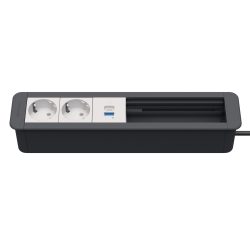 Kindermann CablePort Office frame 6-fach, 2x Strom 1 x USB 3x Leerfeld 7551000322 Maximale Anpassungsfähigkeit und durchdachte Konnektivität! Die Kindermann Steckdoseneinheit ist die ideale Lösung für Büros, Konferenzräume und Home-Office-Arbeitsplätze. Mit 2x Stromanschlüssen, 1x USB-Anschluss und 3x Leerfeldern bietet dieses Anschlussmodul eine individuell konfigurierbare Strom- und Datenversorgung für professionelle Arbeitsumgebungen. Erweiterbare Konnektivität – Leerfelder können mit HDMI, LAN oder weiteren Anschlüssen ergänzt werden. Netzzuleitung mit GST18 Stecker, ca. 1 m lang Farbe schiefergrau, RAL7015, Steckdosen weiß, RAL9003. Einbautiefe ca. 64 mm Außenmaß 310 x 67 x 60 mm Ausschnitt 301 x 58 mm Ladeprofil USB-A / USB-C 5V / 2,1 A (max.) Ladeprofil kombiniert A + C 2x 5V / 2,1 A (max.)