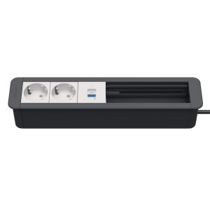 Kindermann CablePort Office frame 6-fach, 2x Strom 1 x USB 3x Leerfeld 7551000322 Maximale Anpassungsfähigkeit und durchdachte Konnektivität! Die Kindermann Steckdoseneinheit ist die ideale Lösung für Büros, Konferenzräume und Home-Office-Arbeitsplätze. Mit 2x Stromanschlüssen, 1x USB-Anschluss und 3x Leerfeldern bietet dieses Anschlussmodul eine individuell konfigurierbare Strom- und Datenversorgung für professionelle Arbeitsumgebungen. Erweiterbare Konnektivität – Leerfelder können mit HDMI, LAN oder weiteren Anschlüssen ergänzt werden. Netzzuleitung mit GST18 Stecker, ca. 1 m lang Farbe schiefergrau, RAL7015, Steckdosen weiß, RAL9003. Einbautiefe ca. 64 mm Außenmaß 310 x 67 x 60 mm Ausschnitt 301 x 58 mm Ladeprofil USB-A / USB-C 5V / 2,1 A (max.) Ladeprofil kombiniert A + C 2x 5V / 2,1 A (max.)