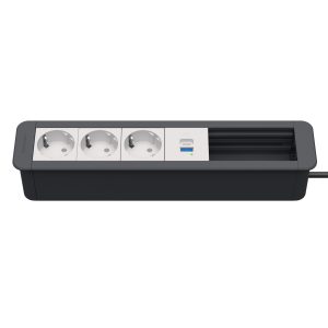 Kindermann CablePort Office frame 6-fach, 3 x Strom 1 x USBPD 2 x Leerfeld 7551000333 Maximale Vielseitigkeit, modernes Design und durchdachte Anschlüsse – die ideale Tischanschlusslösung für Büros, Konferenzräume und Home-Office-Setups. Mit 3x Stromanschlüssen, 1x USB Power Delivery und 2 Leerfeldern bietet dieses hochwertige Modul eine individuell anpassbare Datenversorgung für professionelle Workspaces. Profilfarbe: ähnlich schiefergrau, RAL7015, Steckdosen weiß, RAL9003 Netzzuleitung mit GST18 Stecker, ca. 1 m lang Einbautiefe ca. 64 mm abzgl. 0 - 40 mm (abhängig von der Tischplatte) Ausschnitt 301 x 58 mm USB-A unterstützt QuickCharge 3.0 USB-C unterstützt PowerDelivery 3.0 Ladeprofile USB-A 5V/3A, 9V/3A, 12V/2,5A, 20V/1,5A Ladeprofile USB-C 5V/3A, 9V/3A, 12V/2,5A, 15V/2A, 20V/1,5A Ladeprofil kombiniert A + C 2x 5V/1,2 A Stromverbrauch im Leerlauf max. 0,1 W Außenmaß 310 x 67 x 60 mm