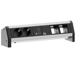 DESK-Steckdoseneinheit mit Strom-, USB- und Custom-Anschlüssen – platzsparend, flexibel und ideal für moderne Tischlösungen.