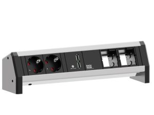 Bachmann Steckdoseneinheit DESK 2xStrom 1xUSB Charger 2xCustom 902.0183 Bachmann Steckdoseneinheit DESK: Vielseitige Stromversorgung für moderne Arbeitsplätze Entdecken Sie die flexible Bachmann Steckdoseneinheit DESK, die ideale Lösung für Ihre Stromversorgung am Arbeitsplatz. Mit 2 Steckdosen, 1 USB Charger und 2 Custom-Anschlüssen bietet sie maximale Flexibilität und Effizienz. 2x Steckdosen: Zuverlässige und sichere Stromversorgung für Ihre Geräte. 1x USB Charger: Effizientes Laden von Smartphones, Tablets und anderen USB-Geräten. 2x Custom-Anschlüsse: Anpassbar an Ihre individuellen Bedürfnisse und Geräte. Modernes Design: Platzsparend und stilvoll auf jedem Schreibtisch. Aluminiumprofil eloxiert Stromeingang GST18/ Stromausgang GST18 2x Schutzkontaktsteckdosen mit Kinderschutz, schwarz 35° gedreht Länge 323,8 mm Einfache Installation: Schnell und unkompliziert einsatzbereit.