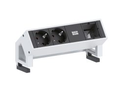 DESK2 von Bachmann kombiniert zwei Stromanschlüsse und ein Custom-Modul in einem schlanken Aluminiumgehäuse – dezent, sicher und montagefreundlich.
