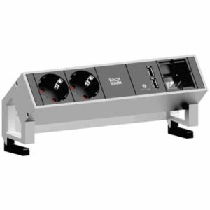 DESK2-Einheit mit Strom-, USB- und Custom-Anschlüssen – funktional, montagefreundlich und ideal für zeitgemäße Tischlösungen.