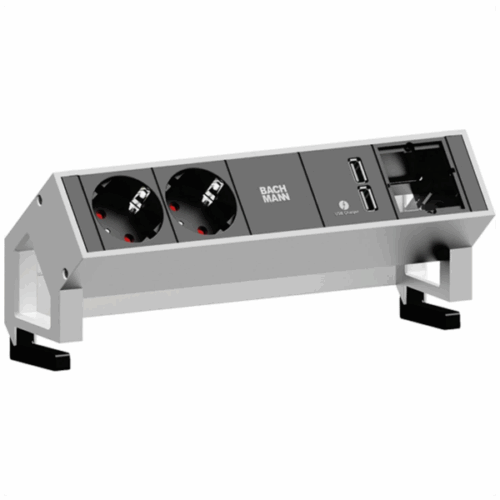DESK2-Einheit mit Strom-, USB- und Custom-Anschlüssen – funktional, montagefreundlich und ideal für zeitgemäße Tischlösungen.