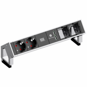 DESK2 von Bachmann bietet eine stilvolle Energie-Lösung mit Schuko-, USB- und Custom-Anschlüssen – kompakt, sicher und perfekt für moderne Arbeitsplätze.