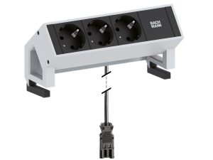 Bachmann DESK 2 Steckdoseneinheit 3x Strom weiß 902.300 Die DESK 2 Steckdosenleiste ist aus Aluminium gefertigt und wird platzsparend mit Haltewinkel an der Tischplatte befestigt, 3x Schutzkontaktsteckdosen mit Kinderschutz, schwarz, 35° gedreht 1,5m separate Gerätezuleitung GST18/Schuko Stromeingang: 0,2m H05VV-F3G 1,5mm² mit GST 18 Aluminiumprofil Länge: 197 mm Lackiert in RAL 9010 weiß Inkl. Haltewinkel
