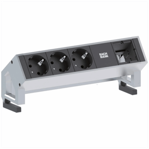 Die DESK2 Einheit von Bachmann bietet drei Stromanschlüsse und ein Custom-Modul im kompakten Inox-Design – funktional, stilvoll und vielseitig einsetzbar.