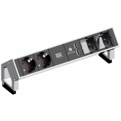 Die kompakte Steckdoseneinheit DESK2 von Bachmann kombiniert edles Inox-Design mit zwei Stromanschlüssen, USB-Charger und Custom-Modulen – perfekt für stilvolle Energieversorgung im Büro.