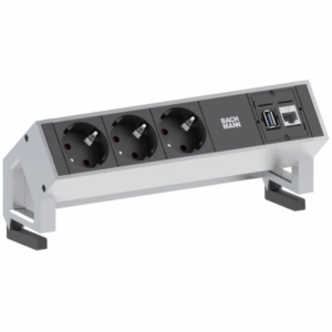 DESK2 von Bachmann vereint Strom- und Datenanschlüsse in einem kompakten Gehäuse in Inox – stilvoll, funktional und montagefreundlich.