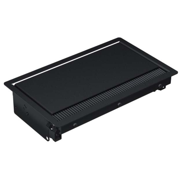 Der CONI Einbaurahmen 911.002 bringt dezente Eleganz und clevere Funktionalität auf den Tisch. Kompakt, schwarz und bereit für individuelle Bestückung. Die perfekte Basis für moderne Anschlusslösungen.
