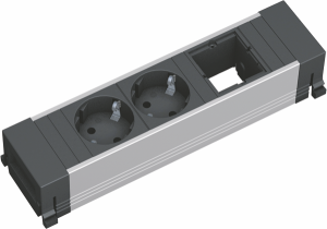 Bachmann POWER FRAME Steckdoseneinheit 2x Schutzkontakt, 1x Custom Modul 916.000 Die Bachmann Power Frame Steckdoseneinheit bietet eine leistungsstarke, erweiterbare und stilvolle Lösung für ein modernes Arbeitsplatz-Setup. 2x Schutzkontaktsteckdosen, 35° gedreht 1x Modul leer Stromeingang GST18i3 Stecker Aluminiumprofil eloxiert, Steckdosen schwarz Länge: 220 mm