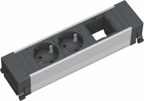 Bachmann POWER FRAME Steckdoseneinheit 2x Schutzkontakt, 1x Custom Modul 916.000 Die Bachmann Power Frame Steckdoseneinheit bietet eine leistungsstarke, erweiterbare und stilvolle Lösung für ein modernes Arbeitsplatz-Setup. 2x Schutzkontaktsteckdosen, 35° gedreht 1x Modul leer Stromeingang GST18i3 Stecker Aluminiumprofil eloxiert, Steckdosen schwarz Länge: 220 mm