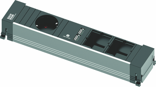 Bachmann Steckdoseneinheit Power Frame 1xStrom 1xUSBCharger 2xCustom 916.0041 Die Bachmann Power Frame Steckdoseneinheit bietet eine praktische und platzsparende Lösung für eine effiziente Stromversorgung in Büros, Konferenzräumen und Home-Offices. Mit 1 x Schuko-Steckdose, 1 x USB-Charger und 2 x ABD-Modulplätzen ist sie perfekt für die gleichzeitige Energieversorgung und das Laden mobiler Geräte. Das elegante und kompakte Design ermöglicht eine nahtlose Integration in Arbeitsplätze, während die hochwertigen Materialien für Langlebigkeit und Sicherheit sorgen. 1 x Schuko-Steckdose – zuverlässige Stromversorgung für Laptops, Monitore & mehr. 1 x USB-Charger – ermöglicht schnelles und bequemes Laden von Smartphones, Tablets & anderen Geräten. 2 x ABD-Modulplätze – flexibel erweiterbar mit individuellen Anschlüssen wie HDMI, LAN oder weiteren Schnittstellen. Platzsparendes & modernes Design – ideal für Schreibtische, Besprechungsräume und Arbeitsstationen. Hochwertige Verarbeitung & einfache Montage – langlebig, robust und leicht zu integrieren. Aluminiumprofil eloxiert 0,1m Leitung und GST 18i3 Stecker 1 x Schutzkontaktsteckdose mit Kinderschutz, schwarz 35° gedreht 1 x USB Doppelcharger (5,2V/2,15A) 2 x Custom Modul Länge 261,9 mm Ob im Büro, Home-Office oder Konferenzraum – die Bachmann Power Frame Steckdoseneinheit bietet eine leistungsstarke, stilvolle und anpassbare Lösung für eine moderne Arbeitsumgebung.