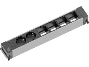 Bachmann Power Frame ALU Steckdoseneinheit 2xStrom 4 Custom 6-fach 916.025 Entdecken Sie den Bachmann POWER FRAME Steckdosenleiste 6-fach Die perfekte Lösung für Ihre modernen Arbeitsplätze! Mit zwei Schutzkontaktsteckdosen und vier individuell anpassbaren Custom Modulen bietet dieses innovative System maximale Flexibilität und Funktionalität. Robustes, eloxiertes Aluminiumprofil für eine elegante und langlebige Ausführung Inklusive 0,1 m Leitung und GST 18i3 Stecker 2 x Schutzkontaktsteckdose: Ausgestattet mit Kinderschutz, 35? gedreht für sicheren und einfachen Zugriff 4 x Custom Module: Individuell anpassbar, ideal für Ihre speziellen Anforderungen Aluminiumprofil eloxiert Stromeingang: 0,1m Leitung und GST 18i3 Stecker 2 x Schutzkontaktsteckdose mit Kinderschutz, schwarz 35° gedreht 4 x Custom Modul Länge 350mm Verleihen Sie Ihrem Arbeitsbereich einen modernen Touch mit der Bachmann POWER FRAME Steckdosenleiste.
