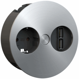 Kompakte TWIST-Einheit mit Strom- und USB-Anschluss – stilvoll, versenkbar und ideal für moderne Umgebungen.