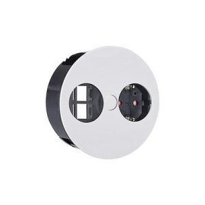 Bachmann Steckdoseneinheit Twist 1x Strom 2x Keystone weiß matt 931.233 TWIST ist eine Steckdoseneinheit für Wohn- und Arbeitsumfeld wie Büro, Lounge oder Küche. Dank kompakter Bauform und geringer Einbautiefe wird sie platzsparend in Schreibtische oder Küchenarbeitsplatten integriert. Die Stromleitung wird eng am Gehäuse geführt, so dass die Einbautiefe nur ca. 40 mm beträgt – ein Einbau über Schubladen ist damit problemlos möglich. Durch die verschiedenen Oberflächen und Farben fügt sich TWIST sowohl in moderne als auch organisch- lebendige Form- und Farbkonzepte ein. Clever ist der Verschluss: nach Gebrauch wird die Abdeckung gedreht – die Steckdosen verschwinden darunter. Metallische Abdeckscheibe in weiß matt 1x Schutzkontaktsteckdose schwarz mit erhöhtem Berührungsschutz 2x Keystone für Datenbuchsen Metallische Abdeckscheibe in weiß matt Strom 0,2m H05VV-F3G1,5mm² schwarz