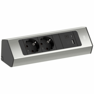 Kompakte Steckdoseneinheit mit USB-Charger im Gehäuse aus Aluminium in Edelstahl-Optik – funktional, stilvoll und platzsparend.