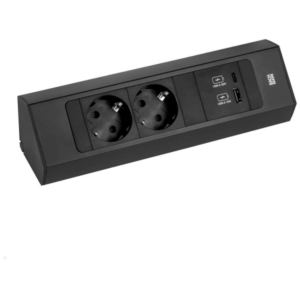 Kompakte Steckdosenleiste mit zwei Anschlüssen und USB-Charger im schwarzen Aluminiumgehäuse – elegant, platzsparend und flexibel einsetzbar.