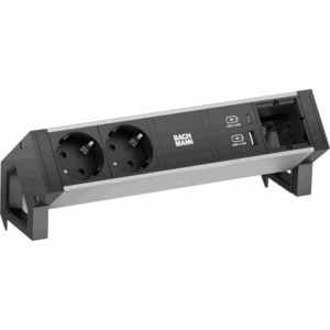 DESK 2 Einheit mit Strom-, USB- und Custom-Anschlüssen – montagefreundlich, platzsparend und passend für hochwertige Tischlösungen.