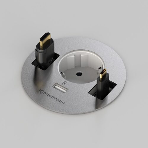 Das Kindermann CablePort table³ ist ein elegantes Anschlussfeld mit Schuko-Steckdose, USB-A Ladebuchse und flexibel nutzbaren Kabeldurchführungen. Perfekt für moderne Arbeitsumgebungen.
