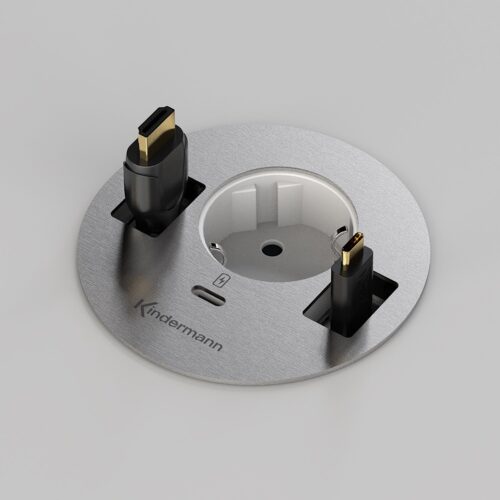 Das Kindermann CablePort table³ ist ein stilvolles Anschlussfeld mit Schuko-Steckdose, USB-C Ladebuchse und flexibel nutzbaren Kabeldurchführungen. Perfekt für moderne Arbeitsbereiche.