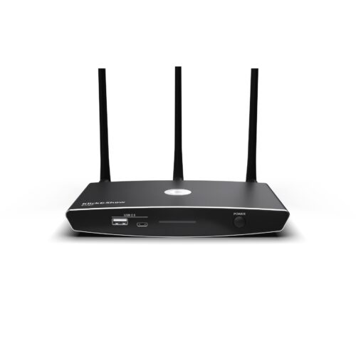 Klick&Show K-FleX ist ein universelles Wireless-Collaboration-System für flexible Präsentationen ohne Kabelsalat. Inhalte können kabellos von Laptops oder mobilen Geräten übertragen werden, während eine BYOM-Erweiterung hochwertige Videokonferenzen ermöglicht.