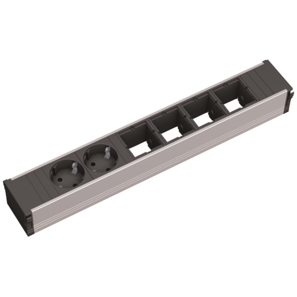 Bachmann CONI Steckdosenleiste, 6-fach 2x Schutzkontaktsteckdose 4x Custom 912.005 ​Die Bachmann CONI Steckdosenleiste bietet eine flexible und elegante Lösung für die Stromversorgung in modernen Arbeitsumgebungen. Mit zwei Schutzkontaktsteckdosen und vier anpassbaren Modulplätzen ermöglicht sie die individuelle Anpassung an spezifische Anforderungen. Dank des flachen Designs fügt sie sich nahtlos in Tischoberflächen ein und sorgt für eine aufgeräumte Optik.​ Vier Custom-Module ermöglichen die Integration verschiedener Anschlüsse.​ Flache Bauweise für eine unauffällige Integration in Möbel.​ vormontierte Einheit für eine schnelle und unkomplizierte Montage.​ Robustes Aluminiumprofil für Langlebigkeit und Stabilität. Aluminiumprofil eloxiert 2 x Schutzkontaktsteckdose, 35° gedreht, schwarz 4 x Modul leer 0,1 m, H05VV-F 3G 1,50 mm² schwarz Wieland GST 18i3 Die Bachmann CONI Steckdosenleiste ist die ideale Wahl für alle, die Wert auf Funktionalität und ein ansprechendes Design legen. Durch ihre Vielseitigkeit und das hochwertige Erscheinungsbild eignet sie sich perfekt für den Einsatz in Büros, Konferenzräumen oder Home-Offices.
