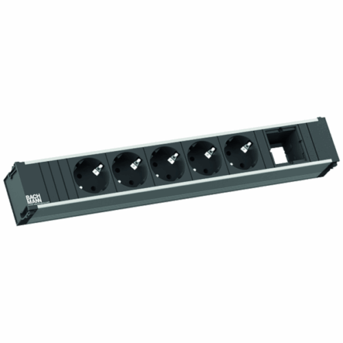 Bachmann CONI Steckdoseneinheit lang 5x Schutzkontakt 1x Custom Modul 912.008 Erleben Sie die perfekte Kombination aus Funktionalität und Ästhetik mit der Bachmann CONI Steckdoseneinheit. Diese 6-fach Steckdoseneinheit lässt sich werkzeuglos in den Einbaurahmen einklicken und bietet eine elegante Lösung für Ihre Stromversorgung. Aluminiumprofil eloxiert Steckdosen schwarz 5 Schutzkontaktsteckdose 35° gedreht 1 x Modul leer 0,1 m, H05VV-F 3G 1,50 mm² schwarz Wieland GST 18i3 Stecker Überzeugen sie sich jetzt mit der Bachmann Coni Steckdoseneinheit