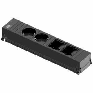 Bachmann Steckdoseneinheit Power Frame 2xStrom 2xCustom schwarz 916.0601 Entdecken Sie die vielseitige Bachmann Steckdoseneinheit Power Frame in elegantem schwarz. Die Einheit bietet eine flexible und moderne Lösung zur Integration von Strom- und Datenanschlüssen in Tischen, Schränken und Arbeitsflächen – ideal für zeitgemäße Arbeitsumgebungen. Das schwarze Finish verleiht Ihrem Arbeitsplatz ein modernes und stilvolles Erscheinungsbild. Perfekt für Büros, Konferenzräume, Küchen und Wohnräume, wo eine effiziente und elegante Lösung benötigt wird. Die Steckdoseneinheit lässt sich schnell und unkompliziert montieren und bietet eine flexible Nutzung. Gefertigt aus robusten Materialien, garantiert die Einheit eine lange Lebensdauer und zuverlässige Leistung. Aluminiumprofil eloxiert Stromeingang: 0,1m Leitung und GST 18i3 Stecker 2 x Schutzkontaktsteckdose mit Kinderschutz, schwarz 35° gedreht 2 x Custom Modul Optimieren Sie Ihren Arbeitsplatz mit der Bachmann Steckdoseneinheit. Diese hochwertige Lösung bietet nicht nur Funktionalität, sondern auch ein ansprechendes Design.