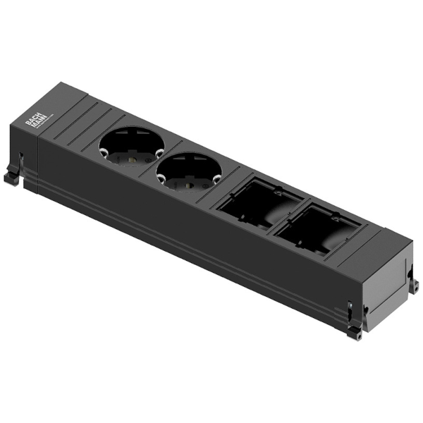 Bachmann Steckdoseneinheit Power Frame 2xStrom 2xCustom schwarz 916.0601 Entdecken Sie die vielseitige Bachmann Steckdoseneinheit Power Frame in elegantem schwarz. Die Einheit bietet eine flexible und moderne Lösung zur Integration von Strom- und Datenanschlüssen in Tischen, Schränken und Arbeitsflächen – ideal für zeitgemäße Arbeitsumgebungen. Das schwarze Finish verleiht Ihrem Arbeitsplatz ein modernes und stilvolles Erscheinungsbild. Perfekt für Büros, Konferenzräume, Küchen und Wohnräume, wo eine effiziente und elegante Lösung benötigt wird. Die Steckdoseneinheit lässt sich schnell und unkompliziert montieren und bietet eine flexible Nutzung. Gefertigt aus robusten Materialien, garantiert die Einheit eine lange Lebensdauer und zuverlässige Leistung. Aluminiumprofil eloxiert Stromeingang: 0,1m Leitung und GST 18i3 Stecker 2 x Schutzkontaktsteckdose mit Kinderschutz, schwarz 35° gedreht 2 x Custom Modul Optimieren Sie Ihren Arbeitsplatz mit der Bachmann Steckdoseneinheit. Diese hochwertige Lösung bietet nicht nur Funktionalität, sondern auch ein ansprechendes Design.